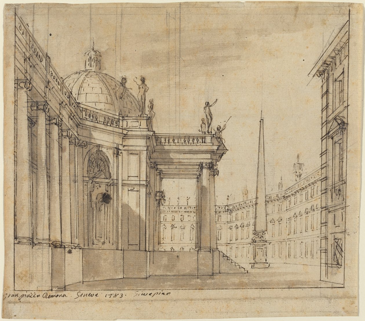 Scenografi: En Piazza med en kupolförsedd kyrka och en obelisk av Giuseppino Galliari