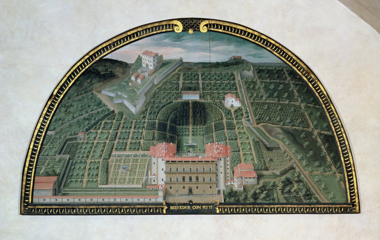 Fort Belvedere och Pitti-palatset från en serie lunetter som visar utsikten över Medici-villorna, 1599 (tempera på panel) av Giusto Utens