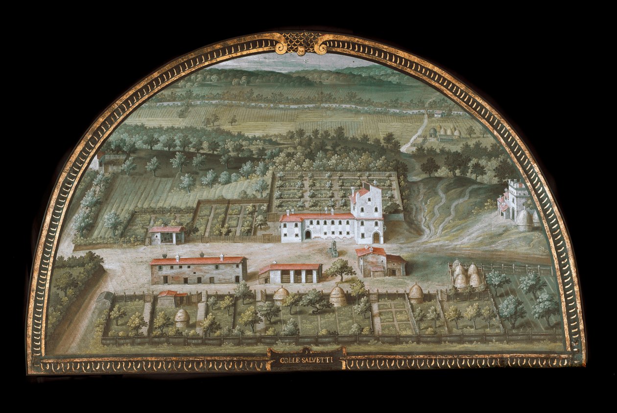 Utsikt över Villa di Colle Salvetti nära Livorno, Italien (Tempera av Giusto Utens