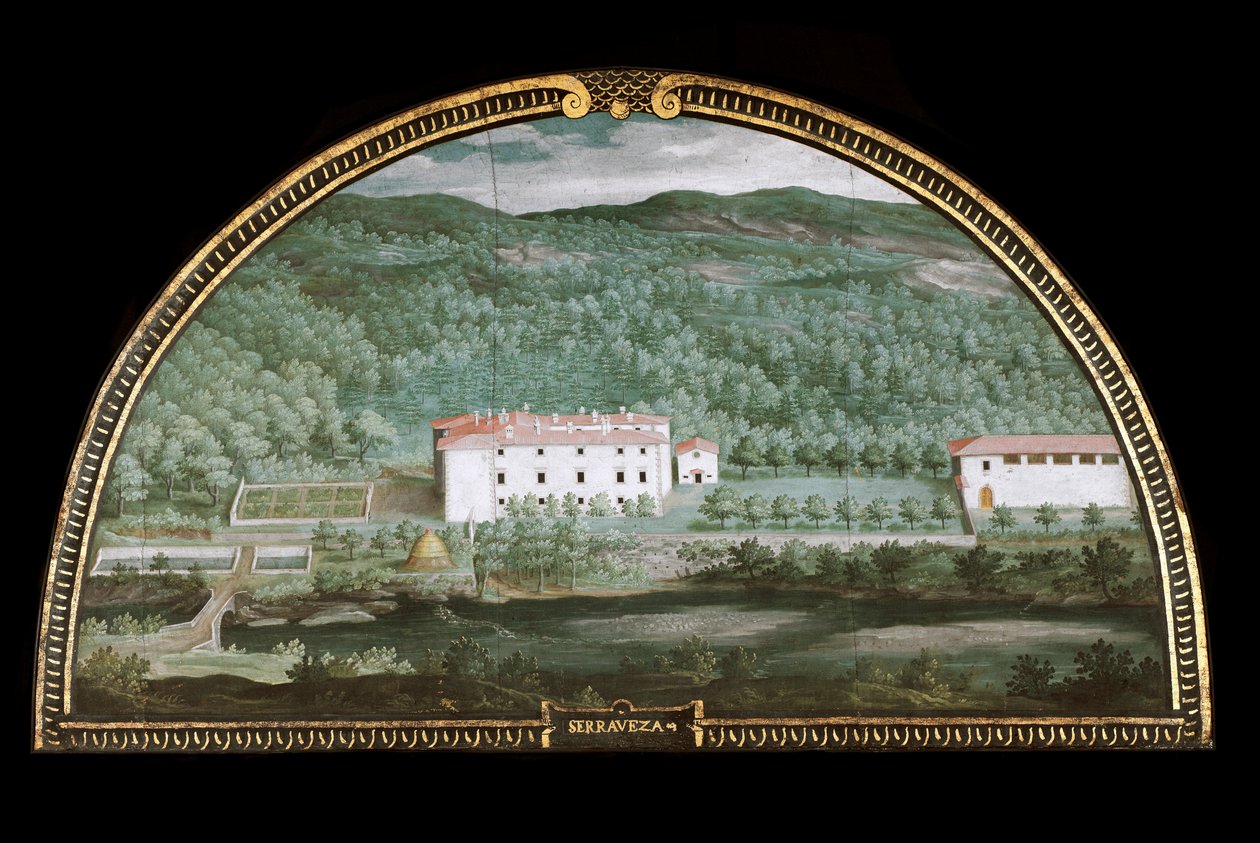 Utsikt över Villa di Seravezza nära Massa Carrara, Italien (Tempera av Giusto Utens