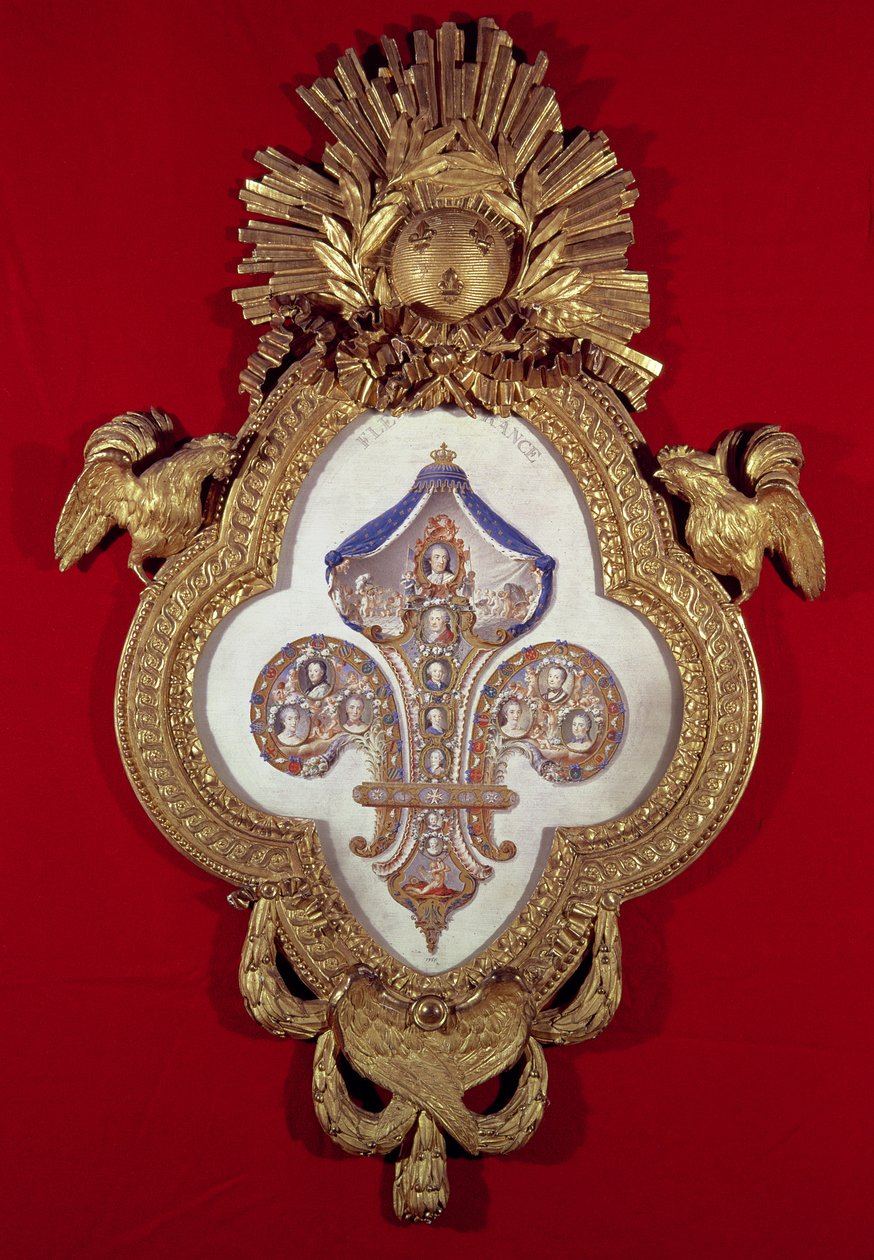 The Fleur de France, genealogiskt träd med tretton porträtt av Ludvig XV (1710-74) och hans ättlingar i en fleur-de-lys formad ram, 1765 (guld och emalj) av Glokeur de Surchamps