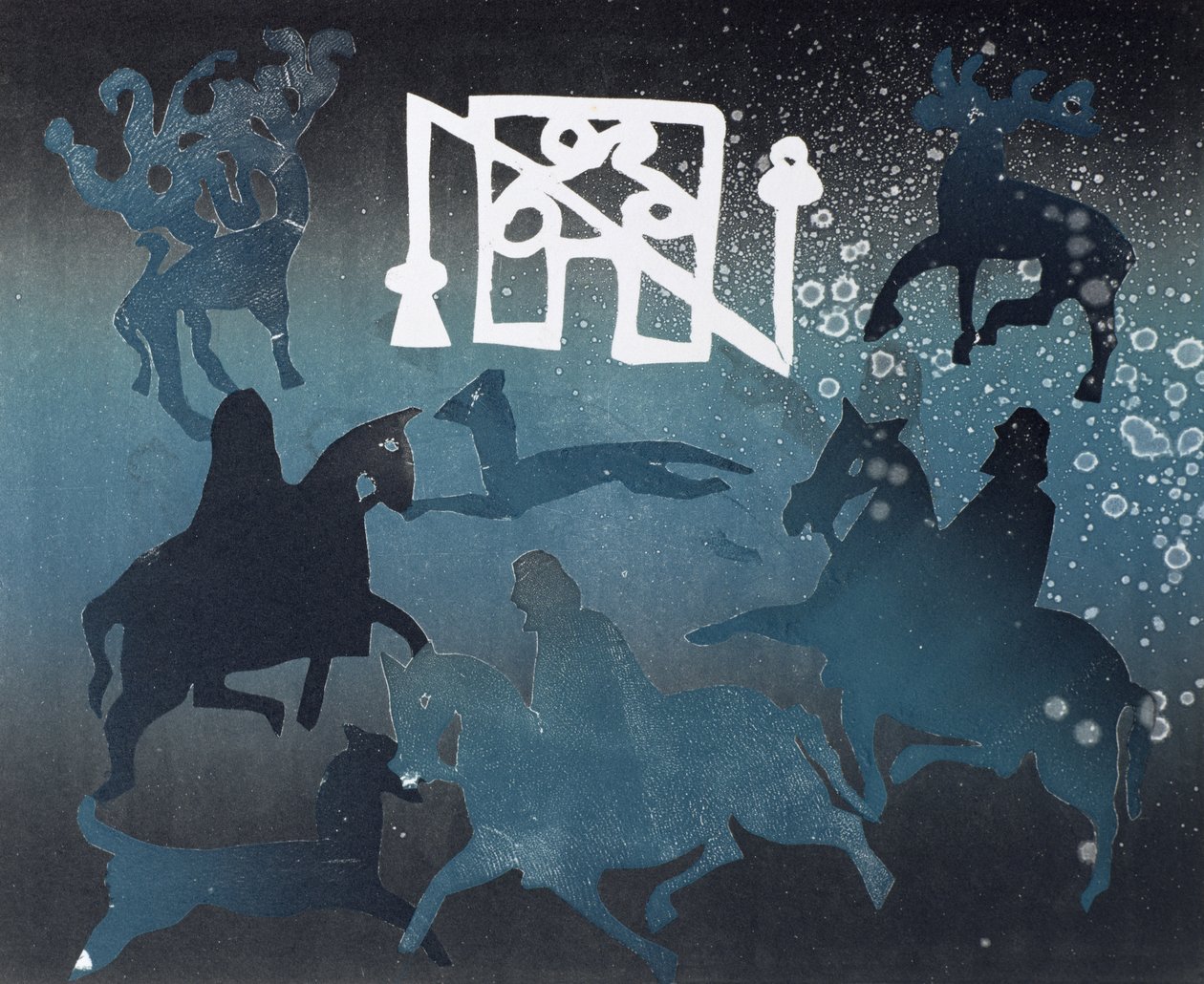 Pictish Hunting Scene I, 1995 (monotyp) av Gloria Wallington
