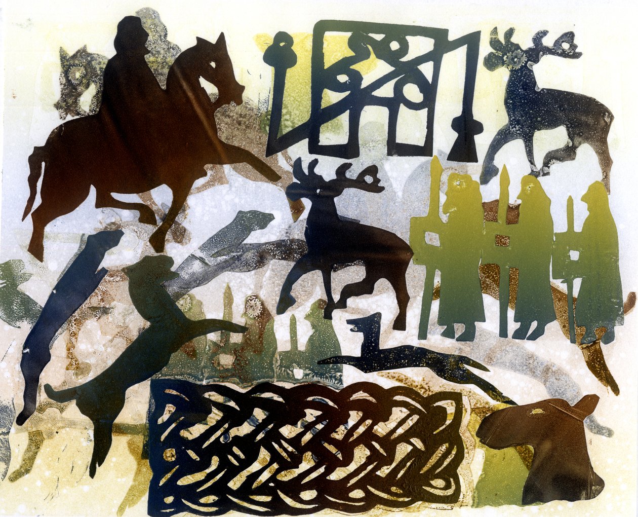 Piktiska symboler och snörning (monoprint) av Gloria Wallington