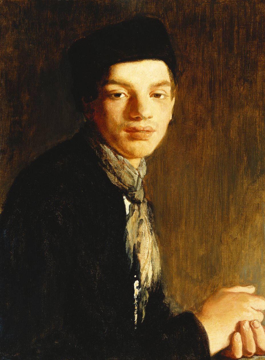 En ungdom, halvlång, iklädd svart hatt och halsduk, ca. 1911 (olja på duk) av Glyn Warren Philpot