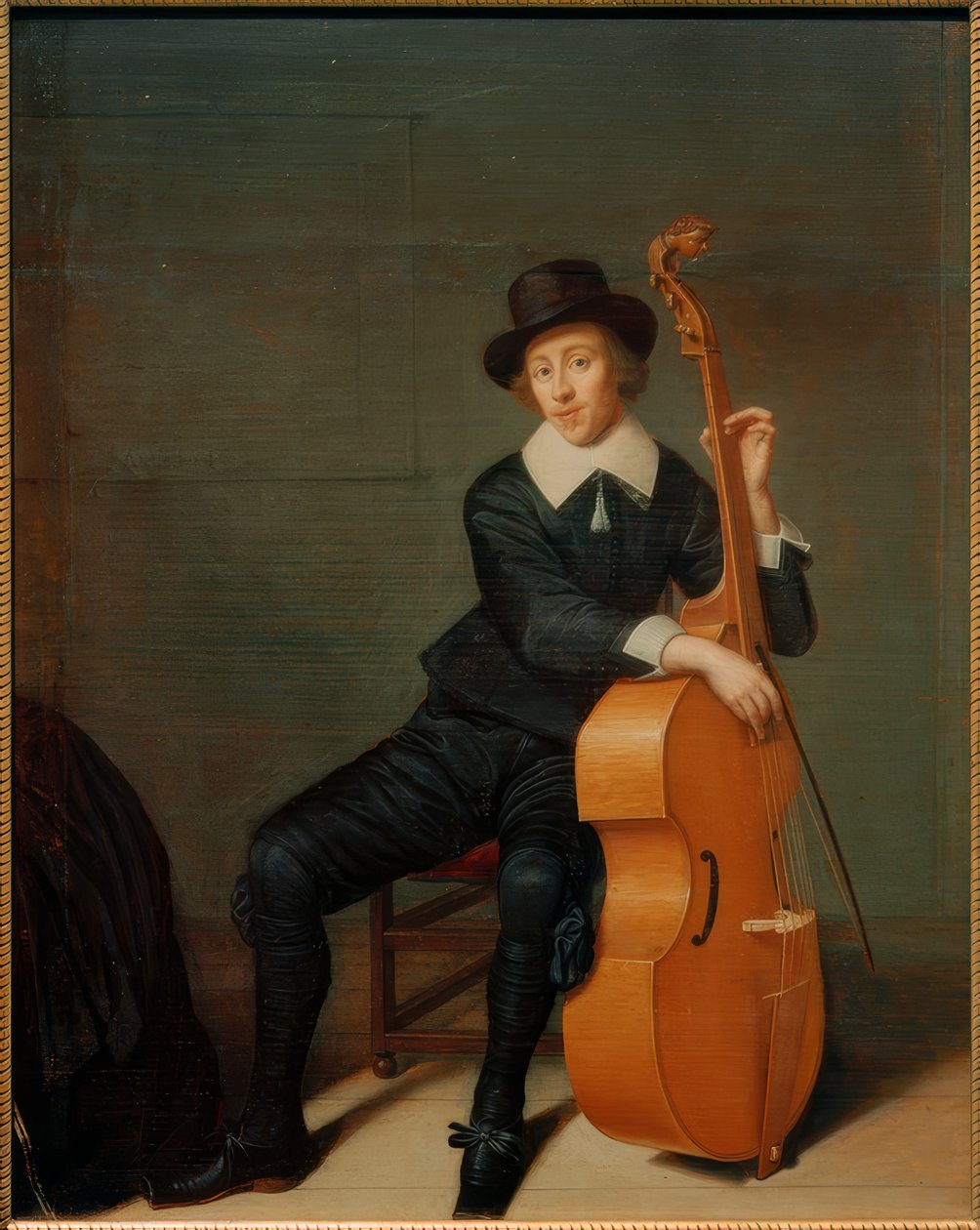 Porträtt av en sittande musiker med sin viola da gamba av Godaert Kamper