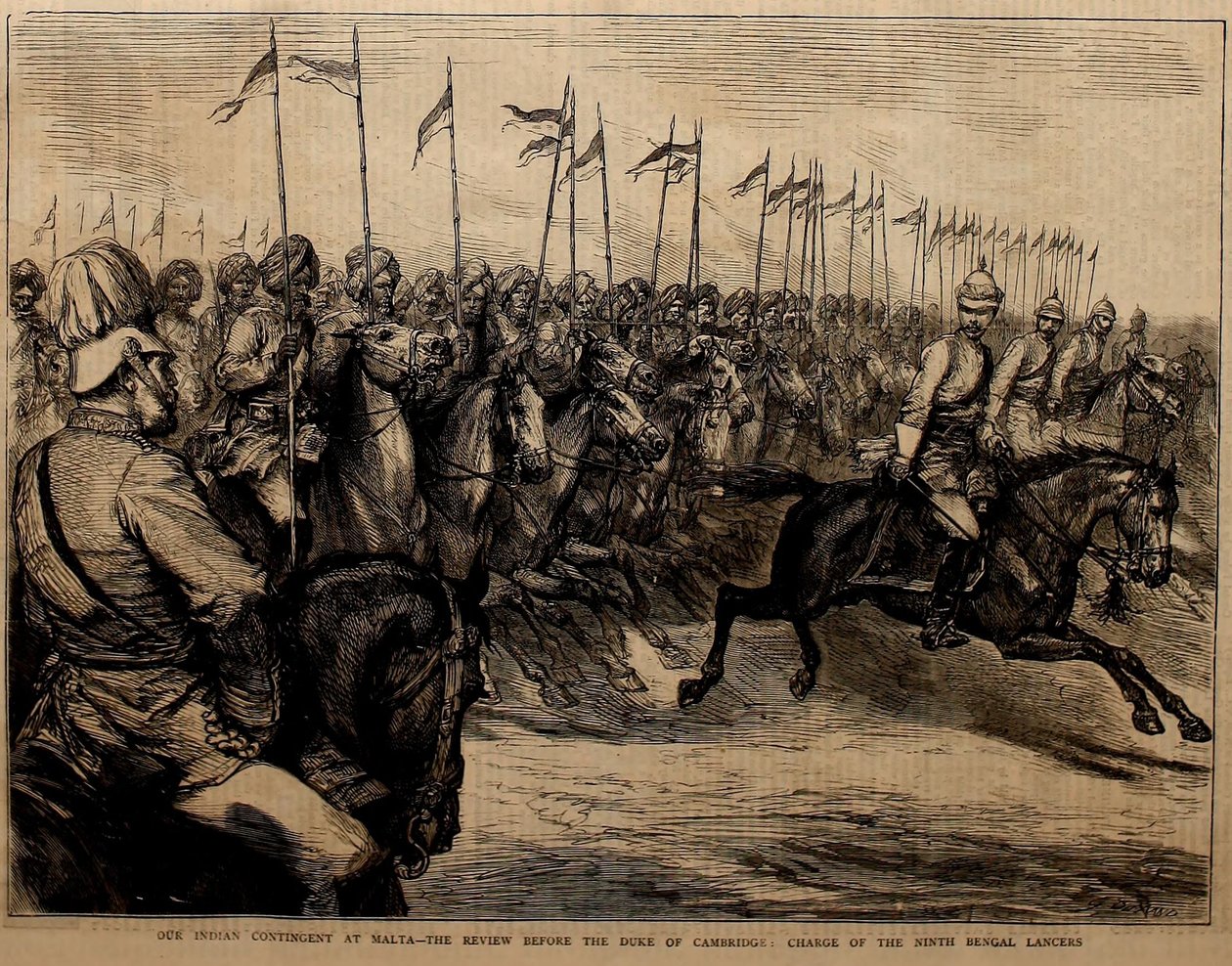 Vår indiska kontingent på Malta, genomgången inför hertigen av Cambridge, Charge of the Ninth Bengal Lancers. av Godefroy Durand