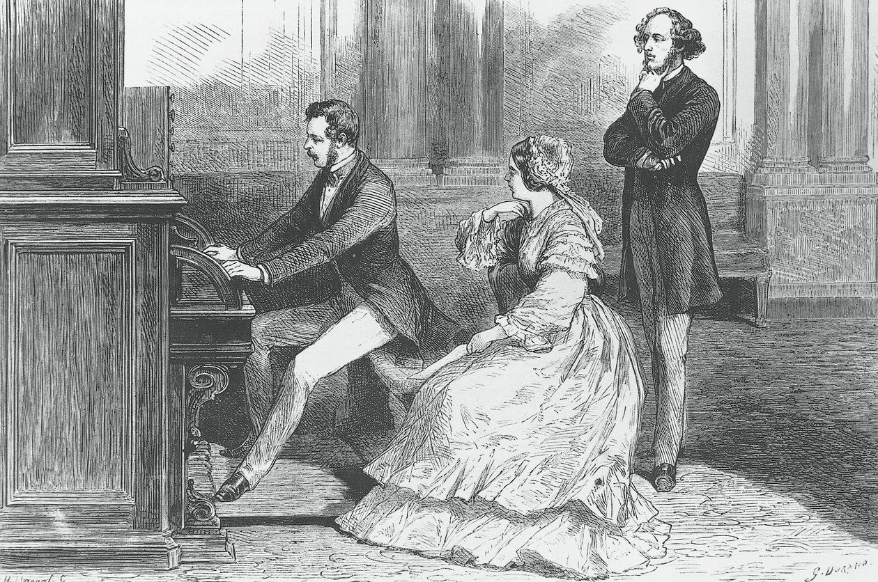 Prins Albert av Saxe spelar framför drottning Victoria och Felix Mendelssohn Bartholdy (1809-1847), gravyr av Godefroy Durand