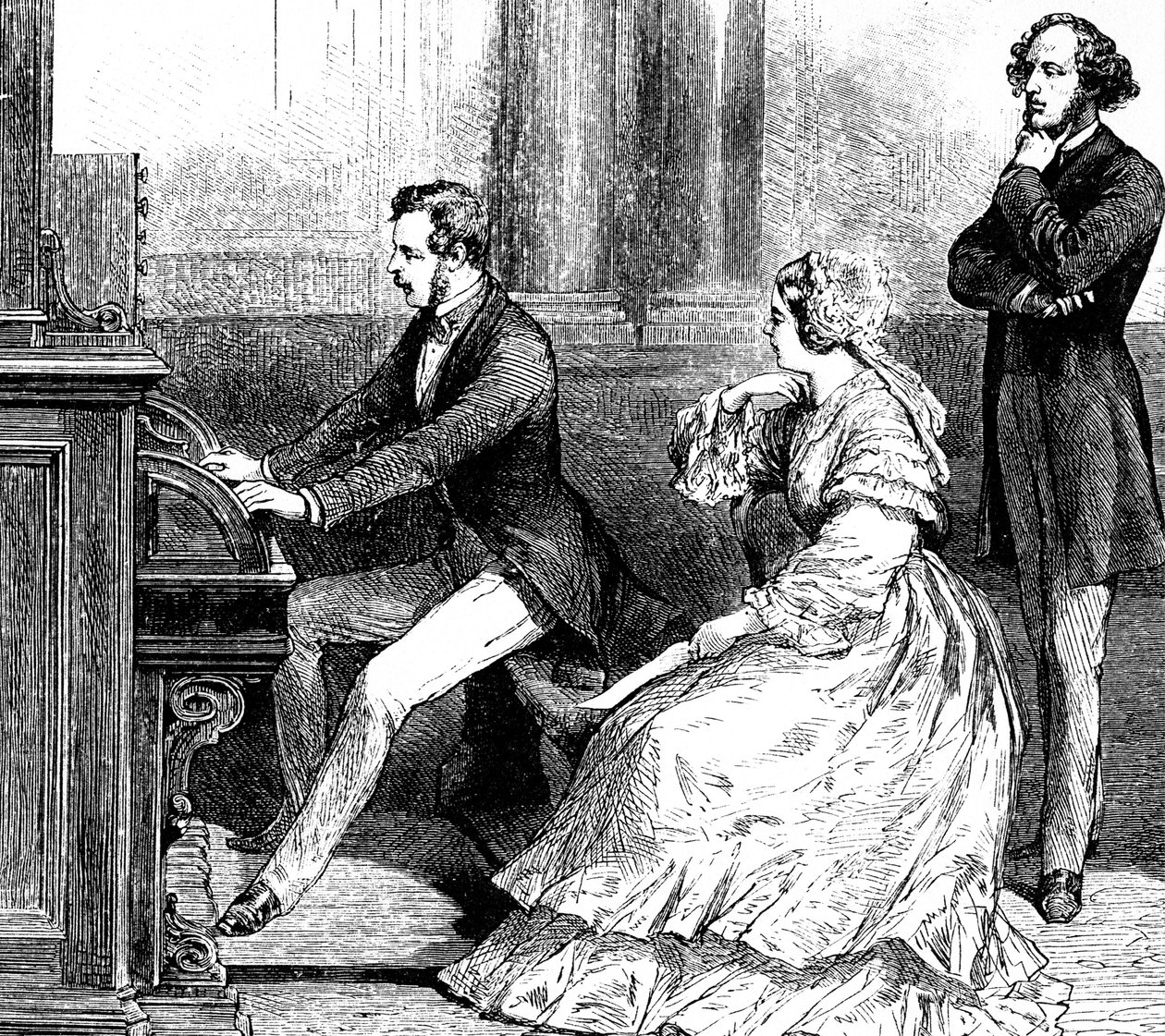 Drottning Victoria tittar på prins Albert som spelar orgel till Felix Mendelssohn av Godefroy Durand