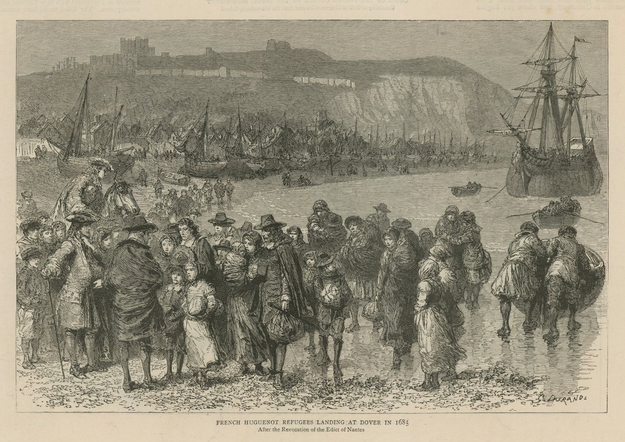 Hugenotterna i England: Franska hugenottflyktingar som landstiger i Dover 1685 (gravyr) av Godefroy Durand