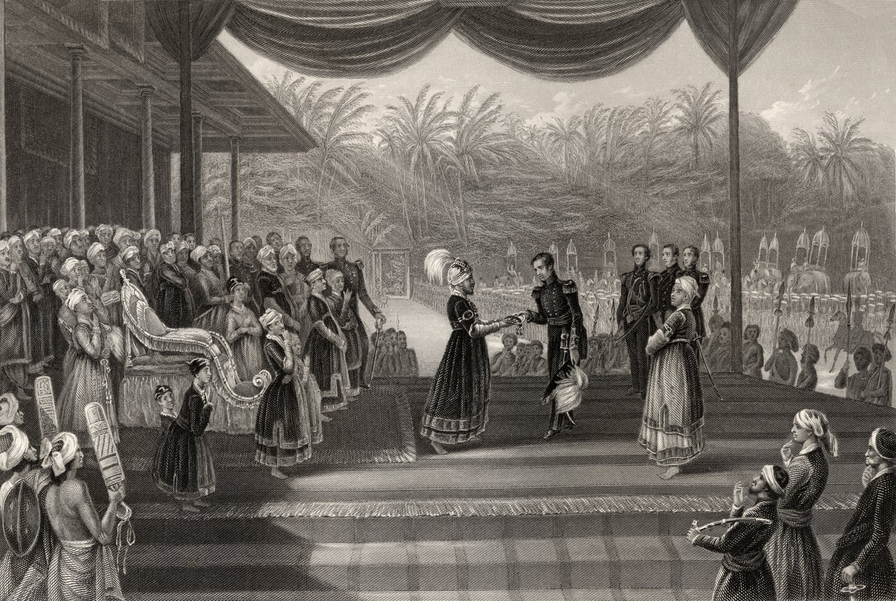 Durbar av Rajah of Travancore, mottagning av General Outram och personal av Godfrey