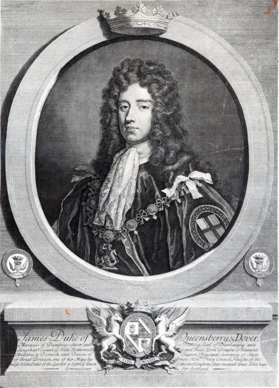 James Douglas, 2:e hertig av Queensberry, graverad av Louis du Guernier II av Godfrey Kneller