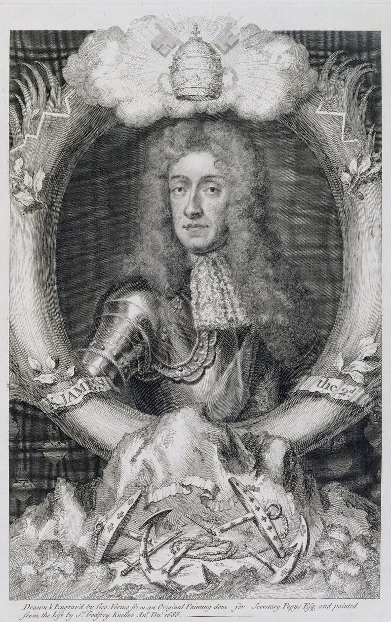 Porträtt av James VII av Skottland, II av England (1633-1701) graverad av George Vertue (1684-1756) av Godfrey Kneller