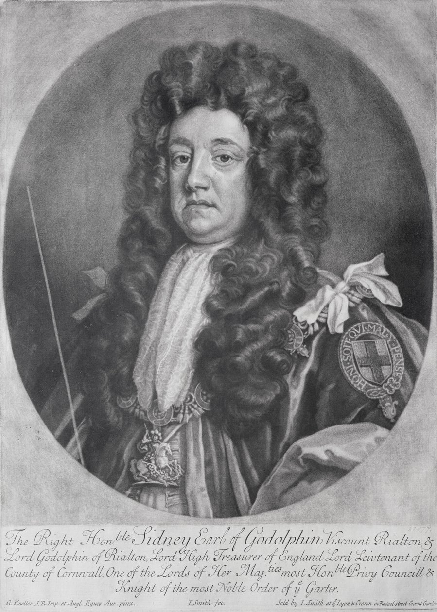 Porträtt av Sidney Godolphin (1645-1712) 1:e earl av Godolphin graverad och publicerad av John Smith (1652-1743) 1707 (mezzotint) av Godfrey Kneller