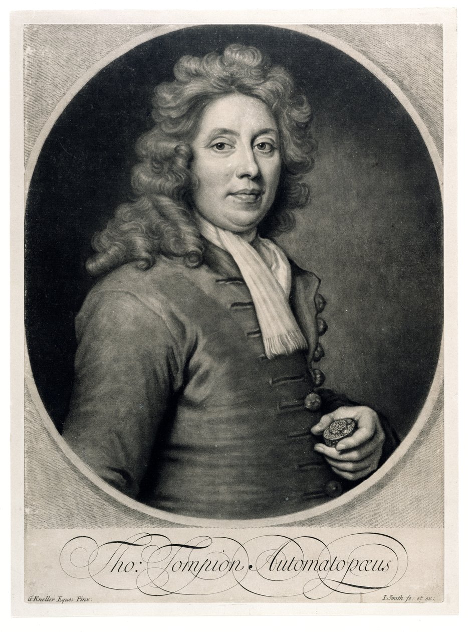 Porträtt av Thomas Tompion (1639-1713) graverad av John Smith (mezzotint) av Godfrey Kneller