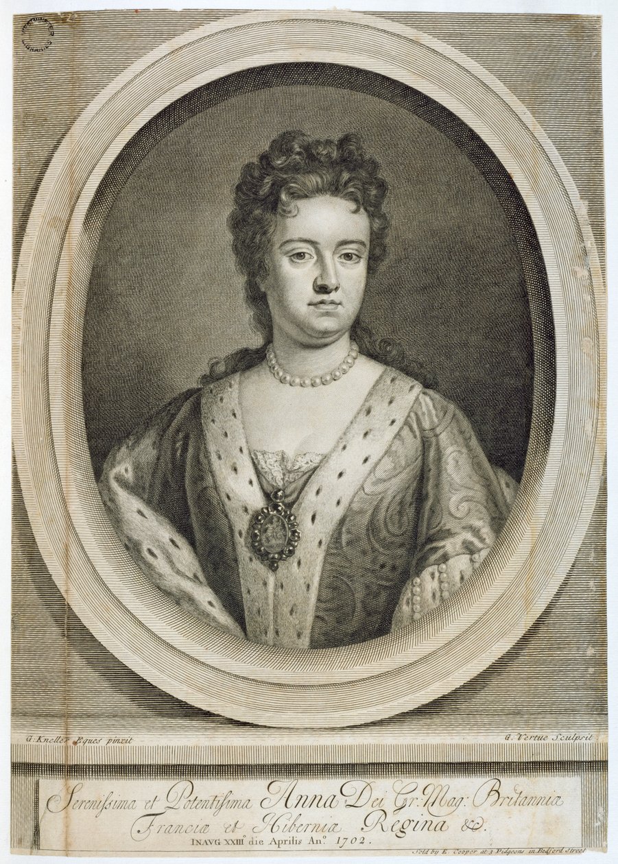 Drottning Anne (1665-1714), graverad av George Vertue (1684-1756), 1702 av Godfrey Kneller