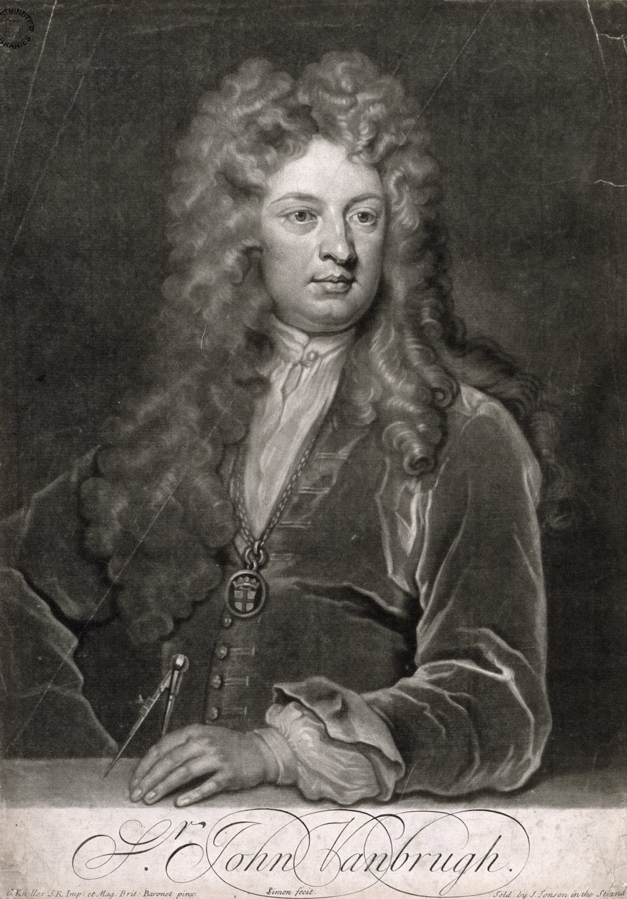 Sir John Vanbrugh (1664-1726), graverad av John Simon (ca 1675-1751) av Godfrey Kneller