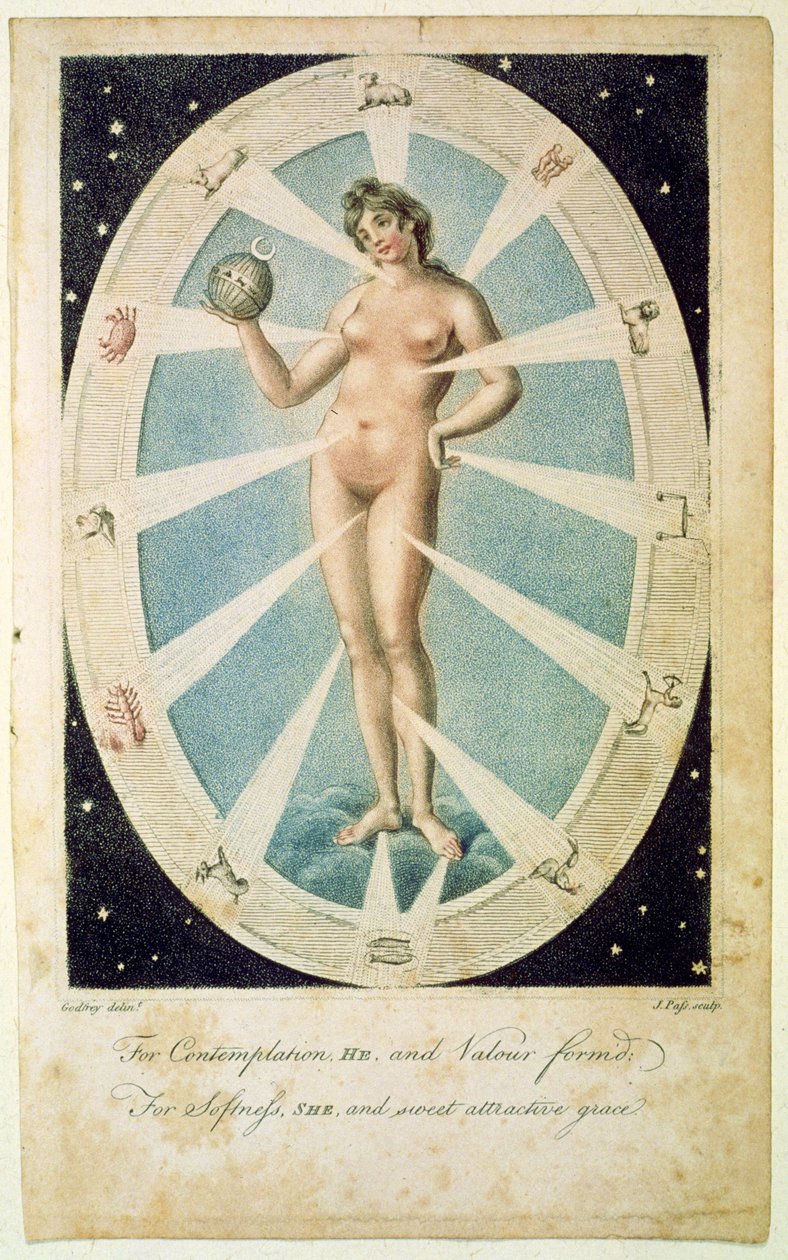 Den kvinnliga formen med astrologiska symboler, illustration från 