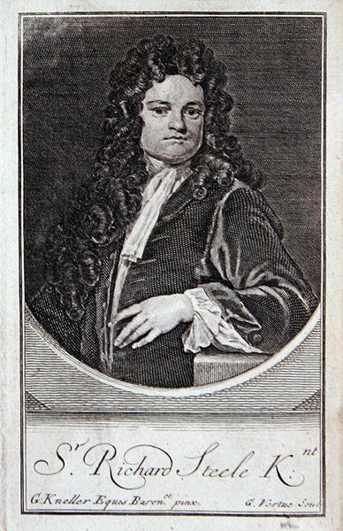 Porträtt av Richard Steele, frontispice till "The Dramatic Works of Richard Steele", graverat av George Vertue (1684-1756), London. av Godfrey (after) Kneller