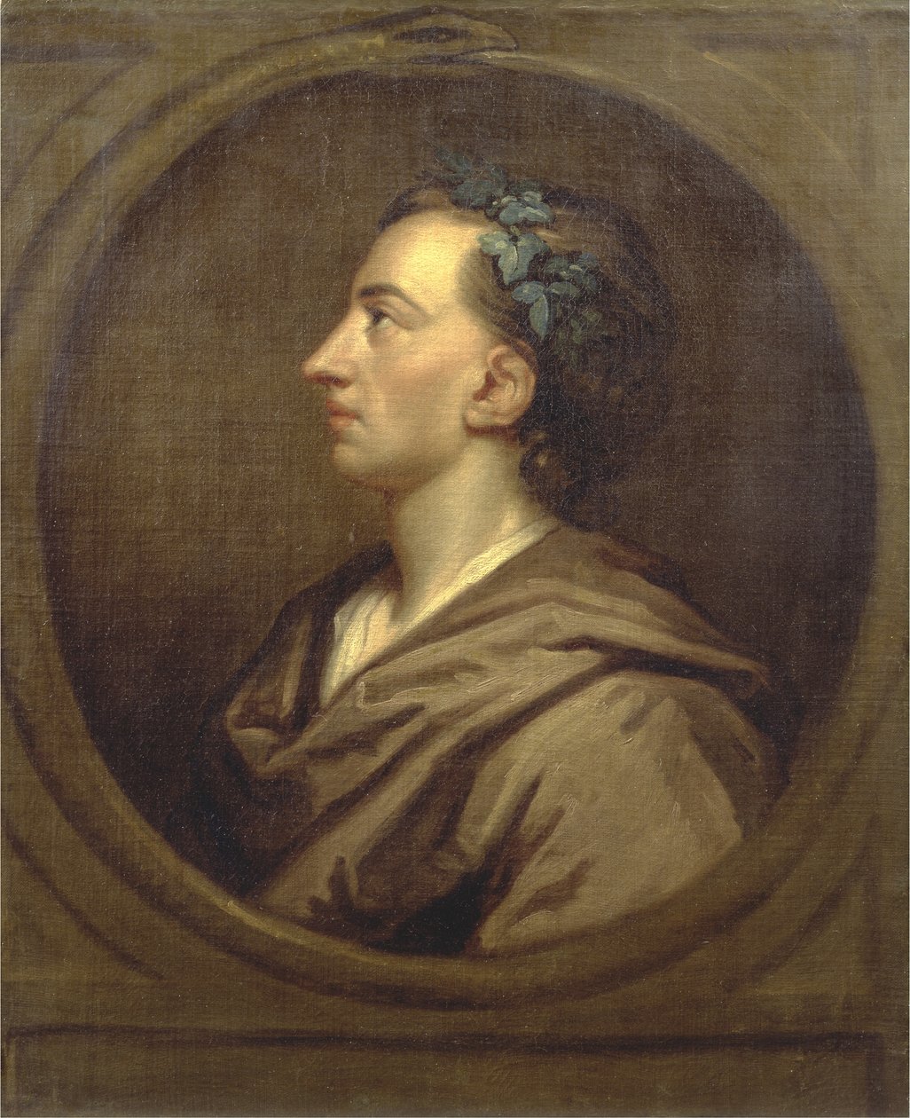 Alexander Pope (1688-1744) profil, krönt med murgröna (olja på duk) av Godfrey (studio of) Kneller