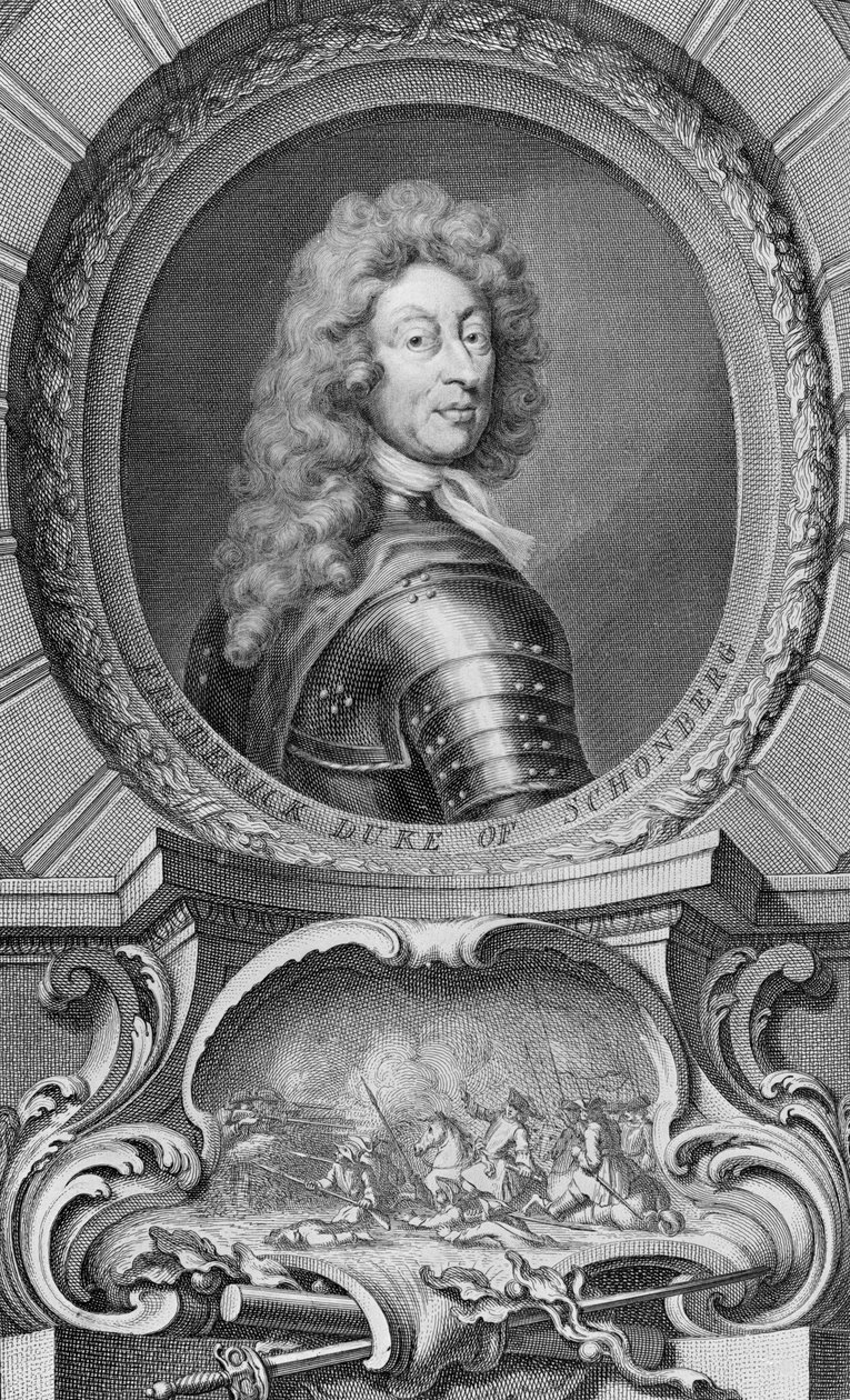 Frederik, hertug af Schomberg (1615-90) graveret af Jacobus Houbraken (1698-1780) swed av Godfrey Kneller