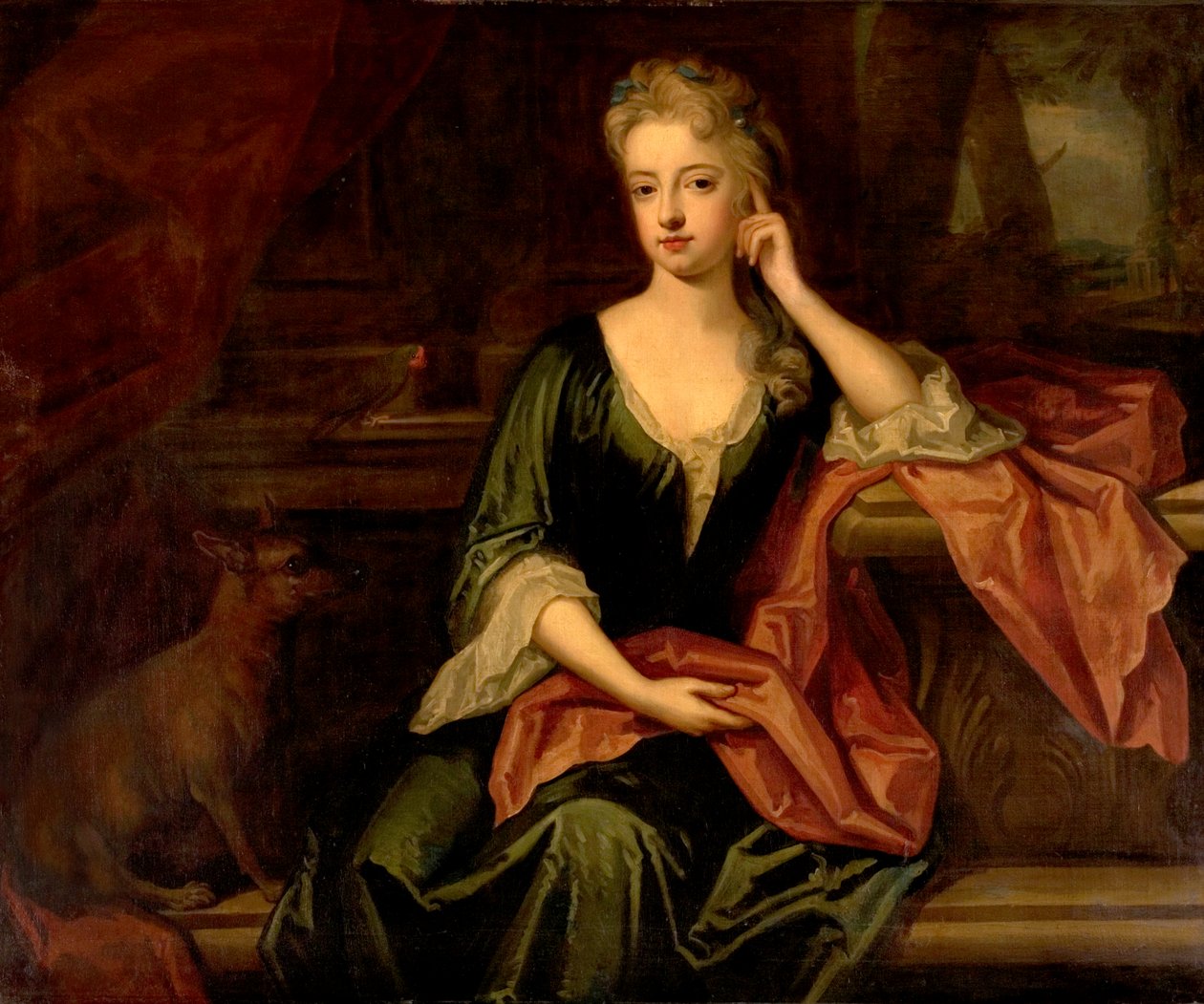 Dam med en hund och en papegoja, 1600-talet av Godfrey Kneller
