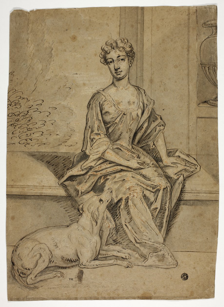 Porträtt av hovdam med mastiff av Godfrey Kneller