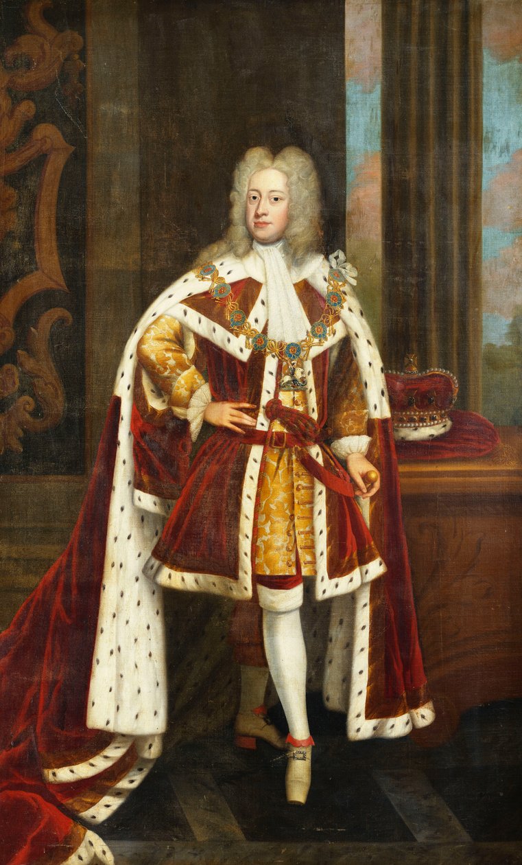 Porträtt av kung George II när prinsen av Wales, i full längd, iklädd statsdräkt och krage av strumpebandsorden, med sitt svärd i sin vänstra hand och sin krona på ett bord bredvid honom, i en interiör, av Godfrey Kneller