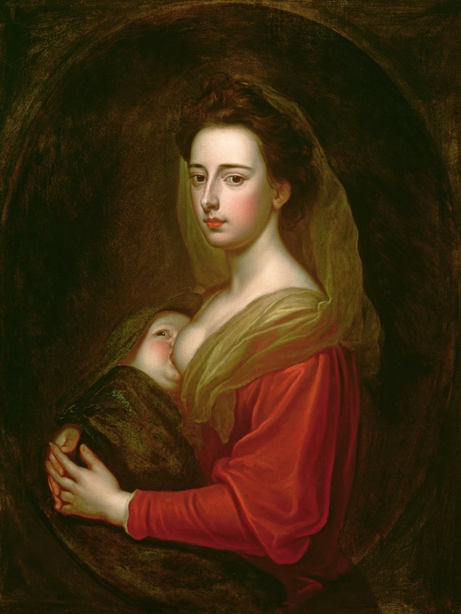 Porträtt av Lady Mary Boyle (1566-1673) och hennes son Charles Boyle (d.1720) (olja på duk i en målad oval) av Godfrey Kneller