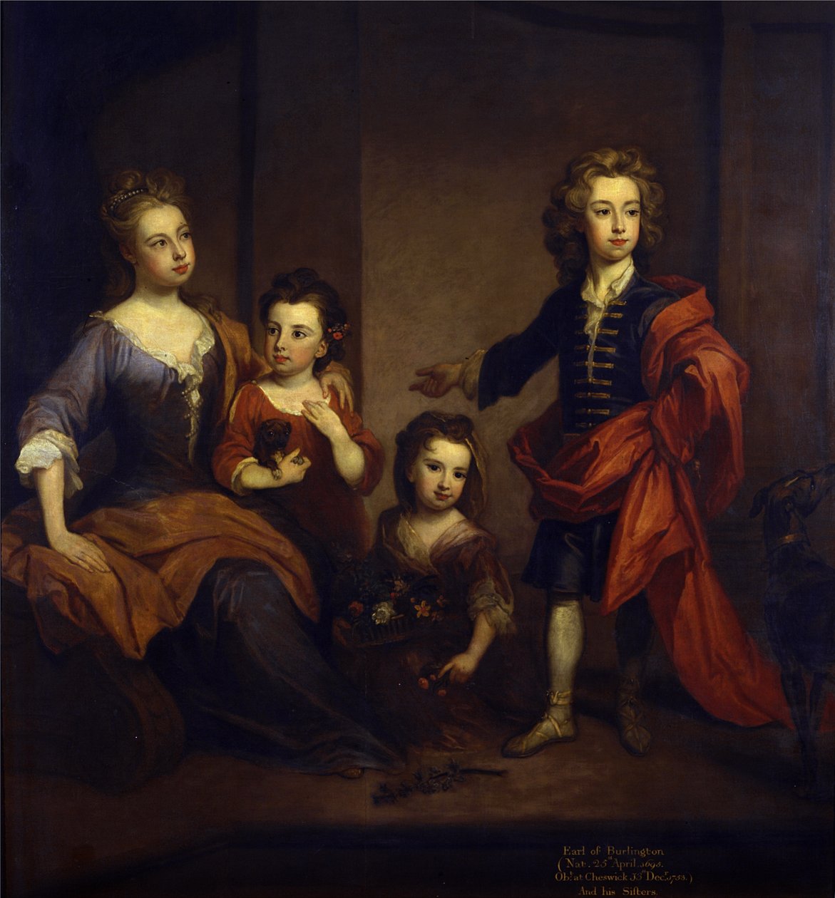 Porträtt av Richard Boyle, 3:e earl av Burlington, med sina tre systrar, Elizabeth, Juliana och Jane Boyle, ca 1700 (olja på duk) av Godfrey Kneller