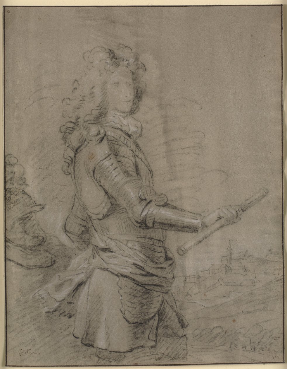 Trekvartsporträtt av en befälhavare i rustning och med en stav i höger hand. I bakgrunden ett landskap med en stad av Godfrey Kneller