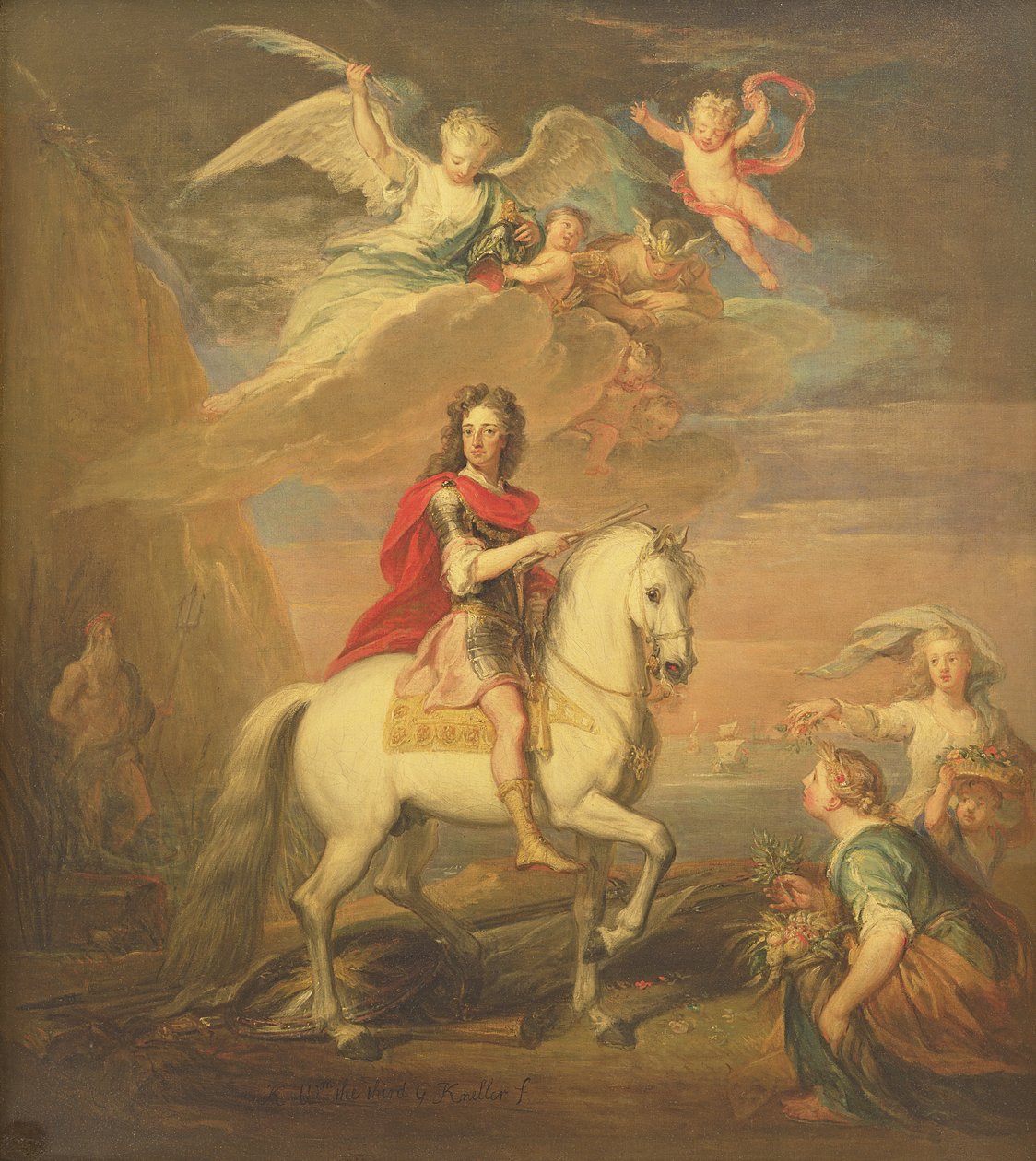 William III på en grå laddare observerad av Neptunus, Ceres och Flora. Merkurius på himlen och Astrea av Godfrey Kneller