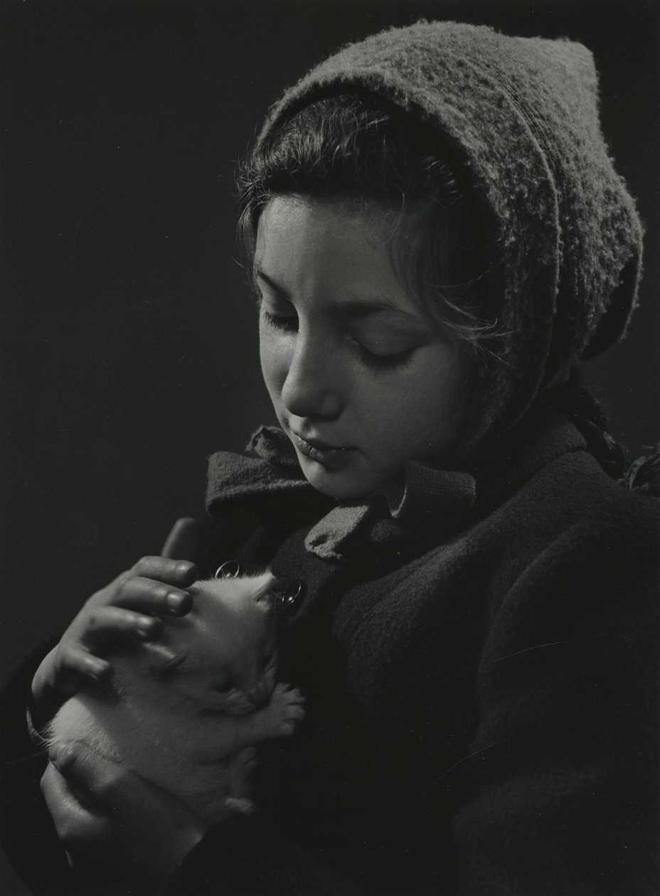 Flicka håller en vit kattunge i famnen. Tidigt 1950-tal av Godfrey Macdominic