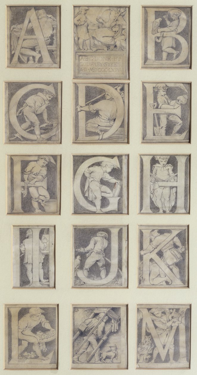 A-M, design för tretton bokstäver för alfabetet för South Kensington Museum, 1864 (penna och grå tvätt) av Godfrey Sykes