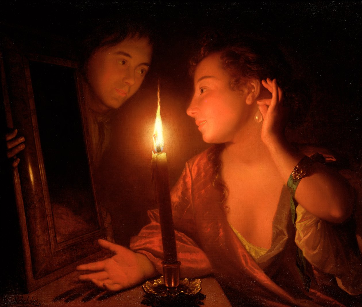 En dam som beundrar ett örhänge i levande ljus av Godfried Schalcken