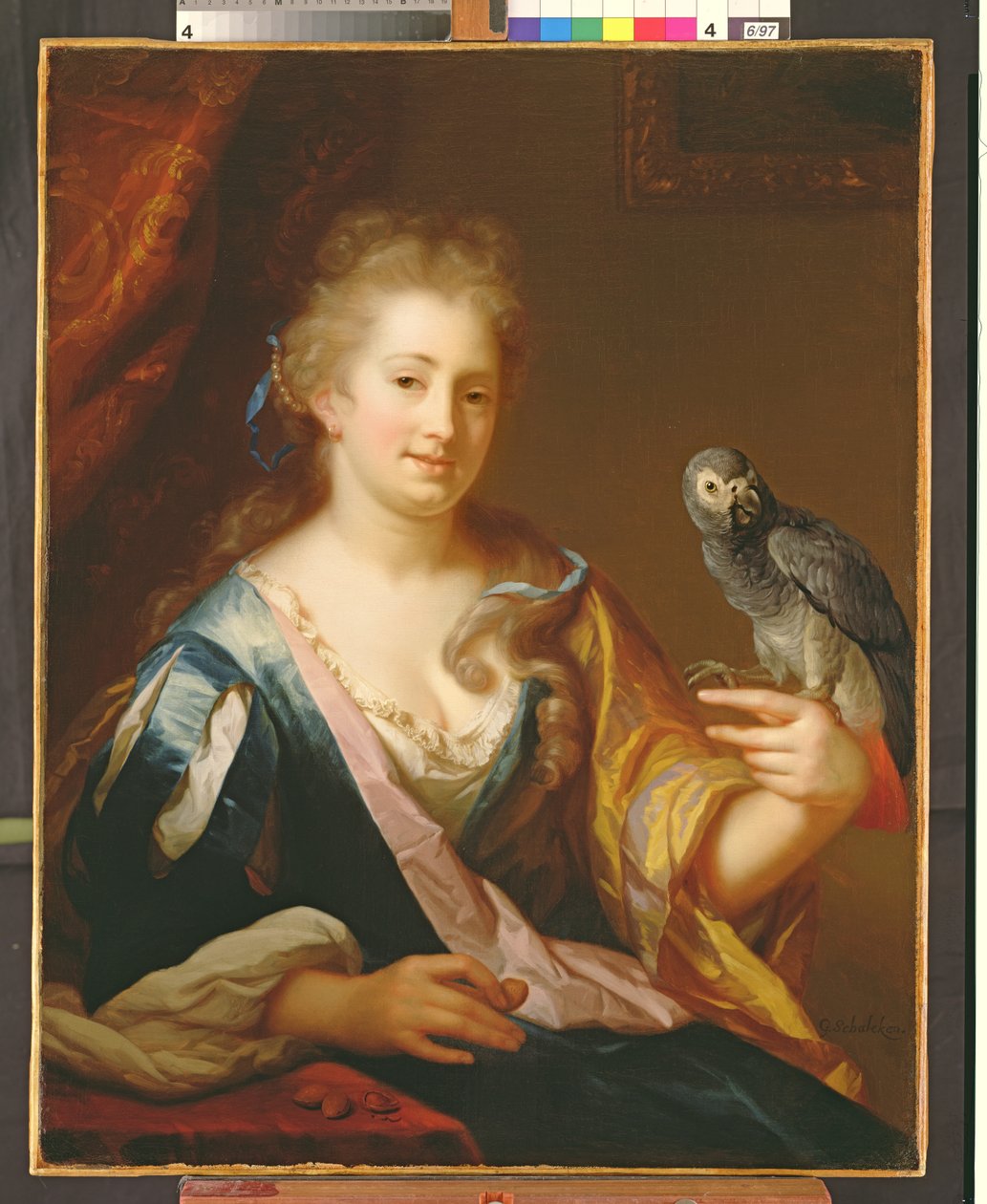 Porträtt av en dam som matar en papegoja av Godfried Schalcken