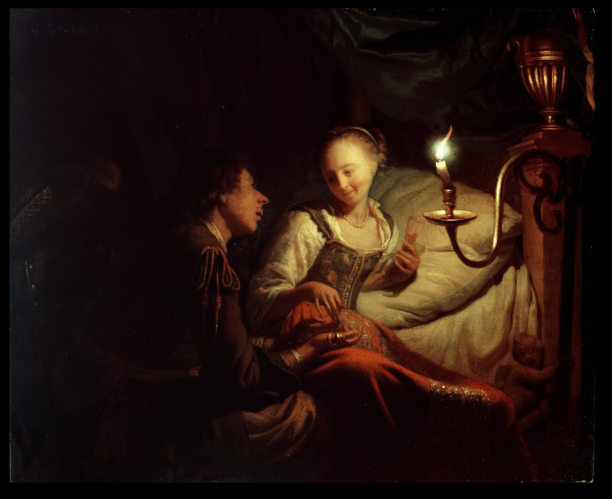 A Candlelight Scene: En man som erbjuder en guldkedja och mynt till en flicka som sitter på en säng, ca 1665-70 (olja på koppar) av Godfried Schalcken