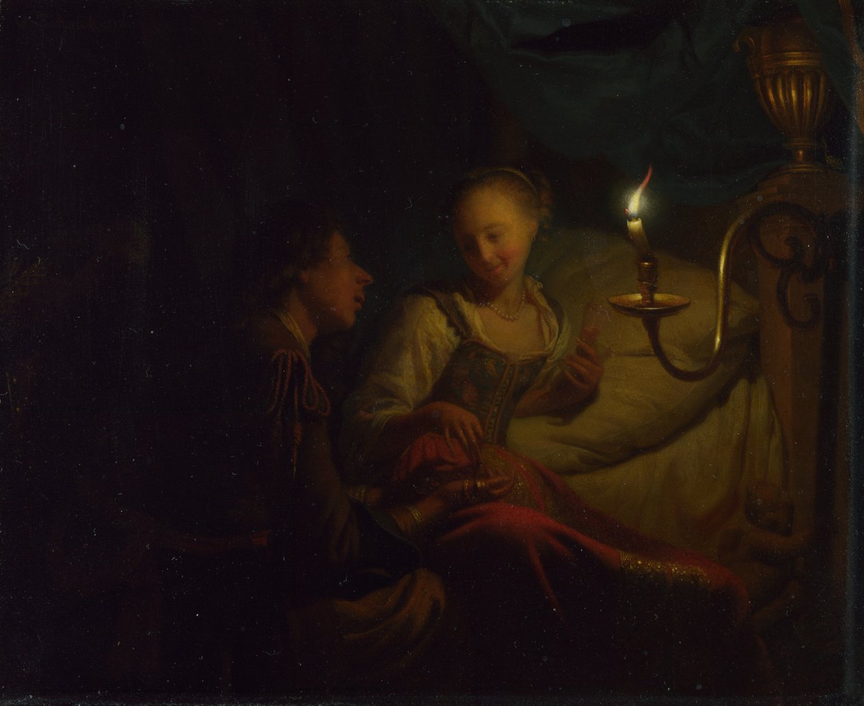 En scen med levande ljus. En man som erbjuder en guldkedja och mynt till en flicka som sitter på en säng, ca. 1665-1667 av Godfried Cornelisz Schalcken
