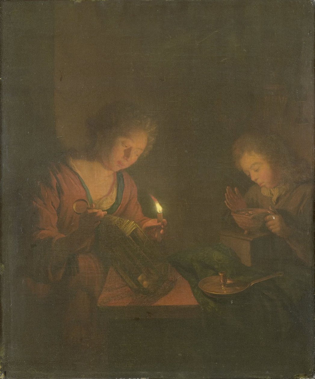 Eld och ljus (en flicka sätter ett ljus i en lykta och en pojke blåser på kolen i en skavskål) av Godfried Schalcken (attributed to)