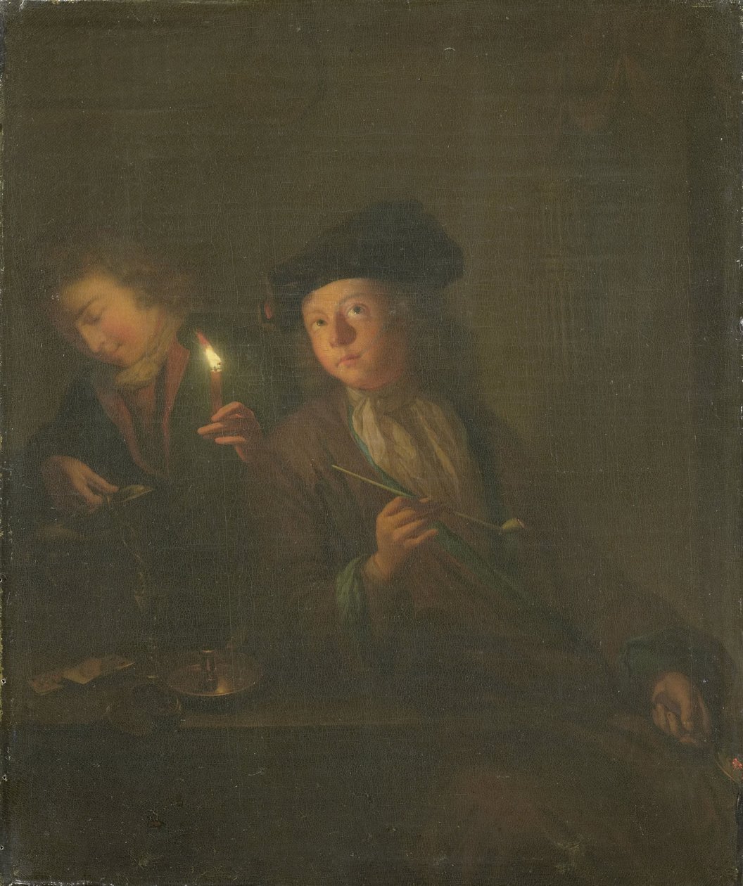 The Smoker (En man med en pipa och en man som häller upp en dryck i ett glas) av Godfried Schalcken (attributed to)