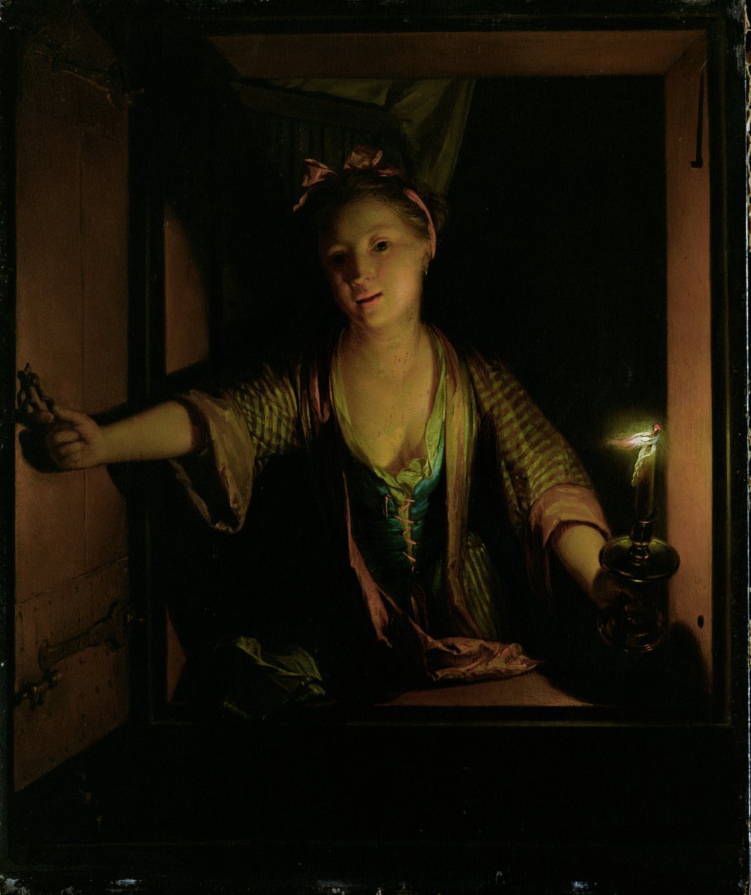 En flicka vid fönstret (olja på pannå) av Godfried Schalcken