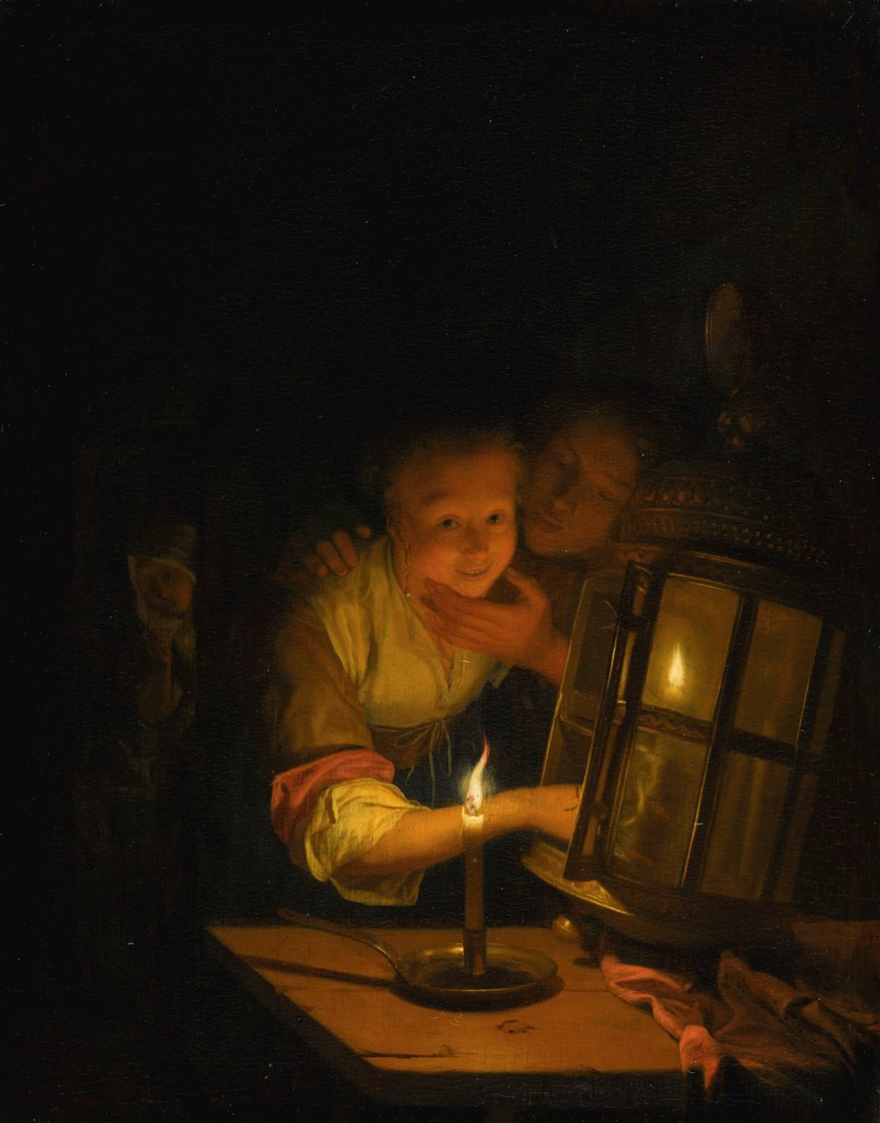 Ett förälskat par fångat i färd med att tända en lykta av Godfried Schalcken