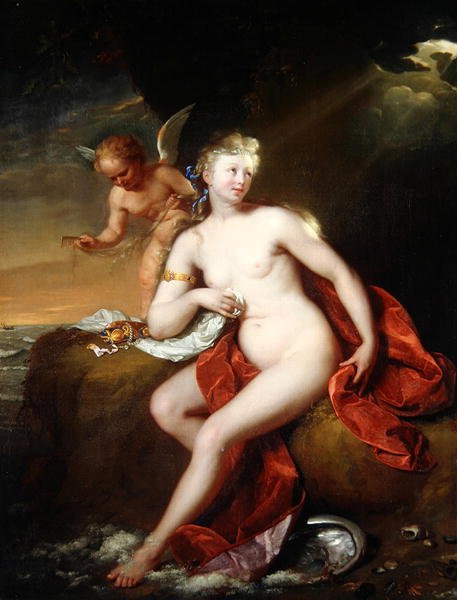 Nyfödd Venus Cared by Cupid (olja på duk) av Godfried Schalcken
