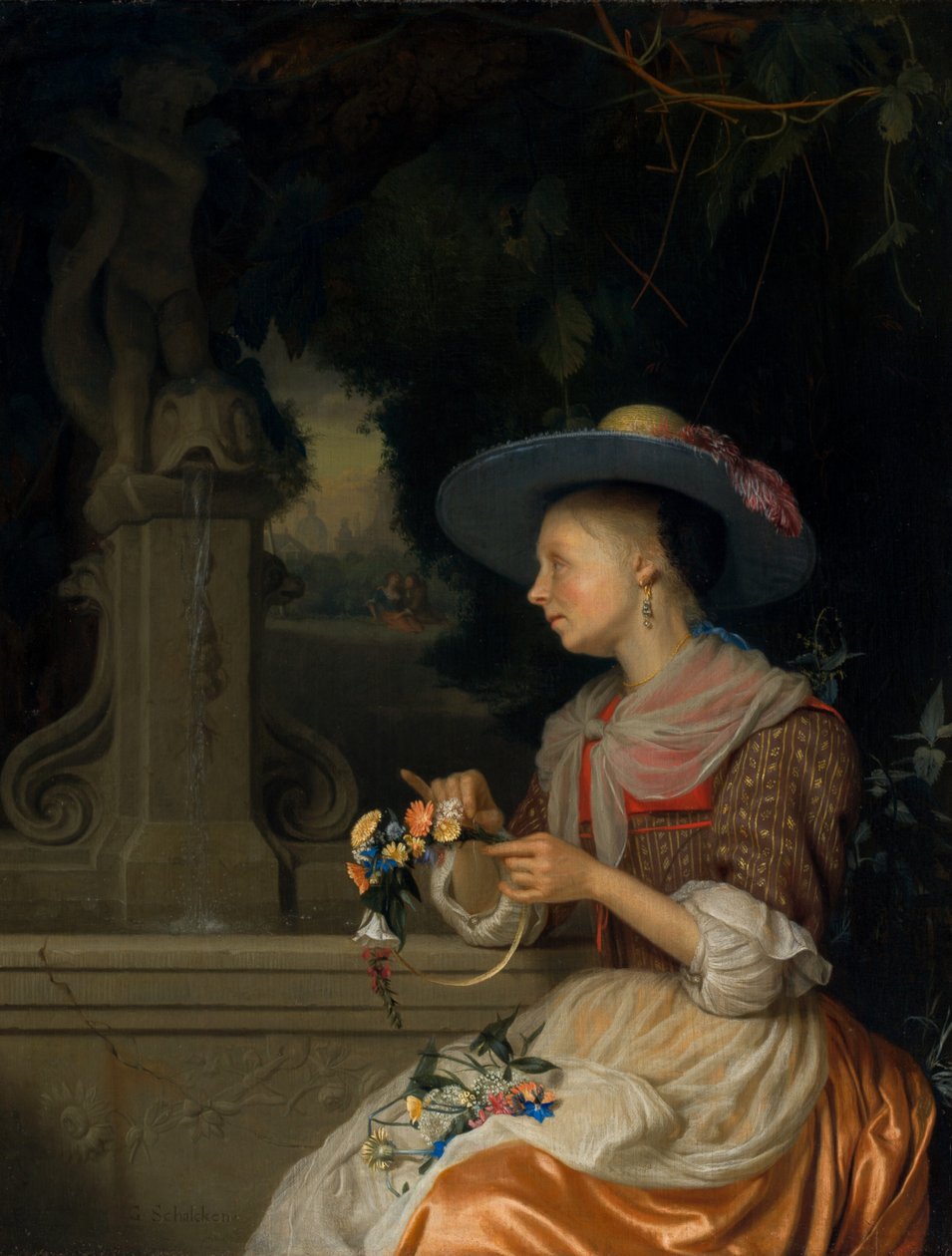 Kvinna som väver en krona av blommor, ca. 16751680. av Godfried Schalcken