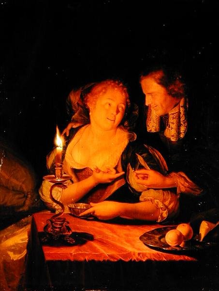 En gentleman som erbjuder en dam en ring (olja på panel) av Godfried Schalcken