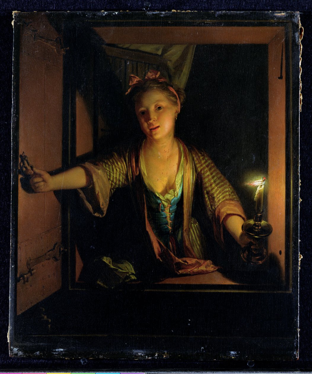 En flicka vid fönstret (olja på tavla) av Godfried Schalken or Schalcken