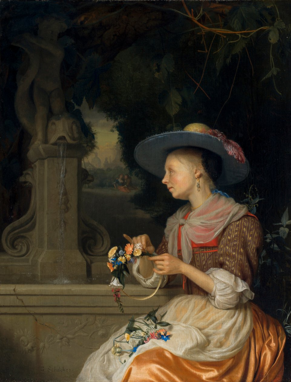 Kvinna som väver en krona av blommor, ca 1675-80 av Godfried Schalcken