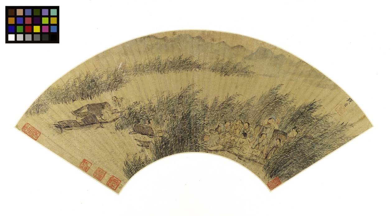 Fishermen in Boats, Reveling on the Edge of a River, sent 1500-tidigt 1600-tal (bläck & färg på guldpapper monterat ombord) av Gong Qian