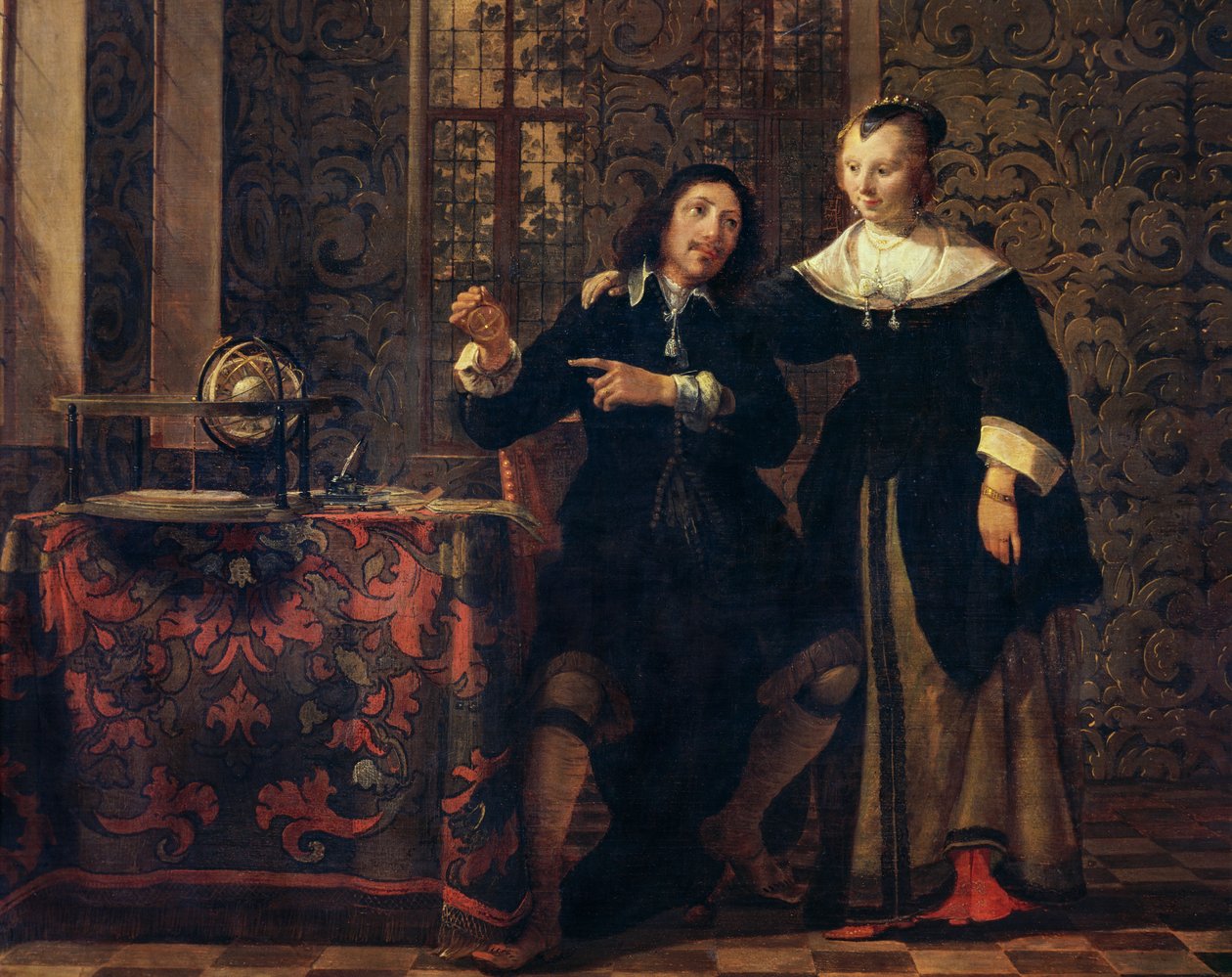 Astronomen och hans fru, målning av Gonzales Coques (1614 ca-1684), olja på panel, 405x505 cm av Gonzales Coques