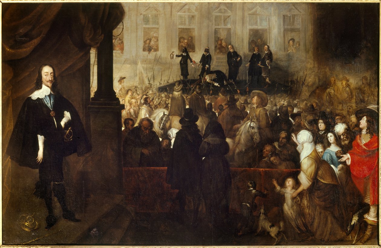 Avrättningen av Charles I på Whitehall Square (White Hall i London). Charles I Stuart (1600-1649) Kung av England, Skottland och Irland från 1625 till 1649 halshöggs under den första engelska revolutionen. Målning av Gonzales Hulls (1614-1684) Ec. Flam. av Gonzales Coques