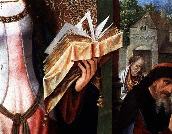 St. Catherine and the Philosophers, detalj i böneboken (olja på panel) (detalj av 80755) av Goossen van der Weyden